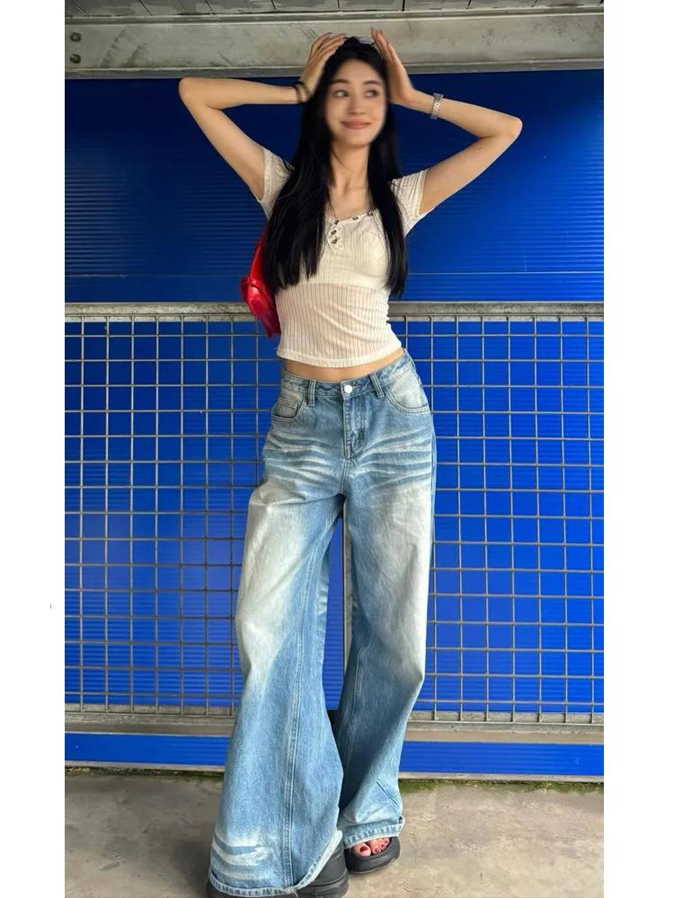 

High Waist Wide Leg Vintage Washed Blue Jeans Loose Fit Summer Thin Long Trousers for Women Floor Length Slimming Effect