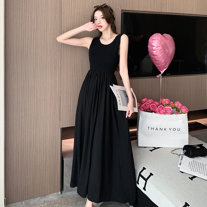 

New Vintage Black Sleeveless Midi Dress for Women Summer 2024 Elegant Solid Slim A-line Office Ladies Dresses Korean Style