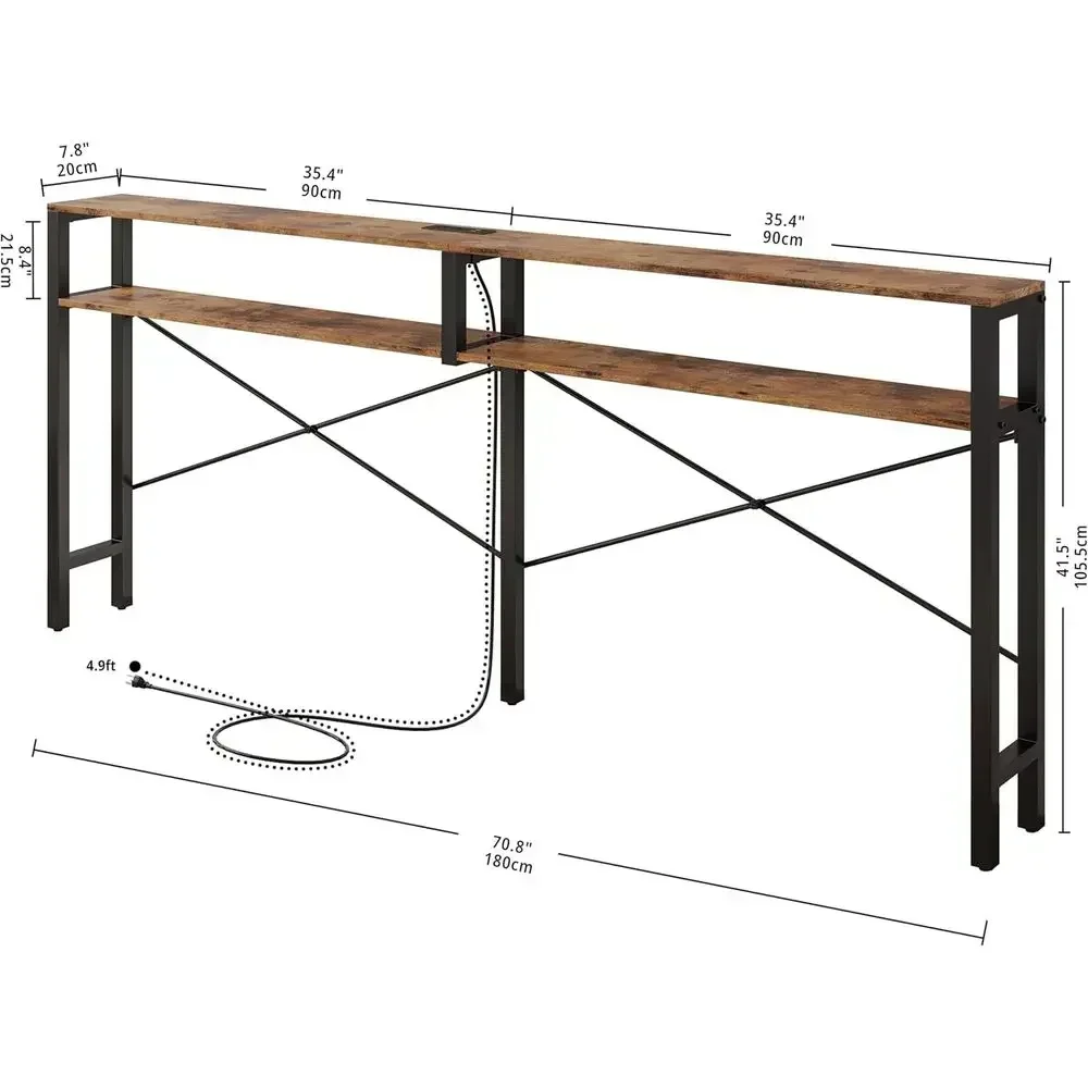 Power Outlet Dining Table, Long Sofa Table with Shelves, X-Design Sofa Table, Slim Entryway Sofa Table, Vintage Brown view 3