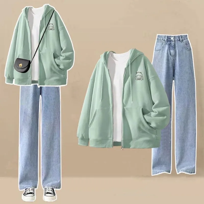 Spring and Autumn Thickened College Set Women\'s Korean Loose Casual Coat+T-shirt+Wide Leg Jeans 3-Piece Set