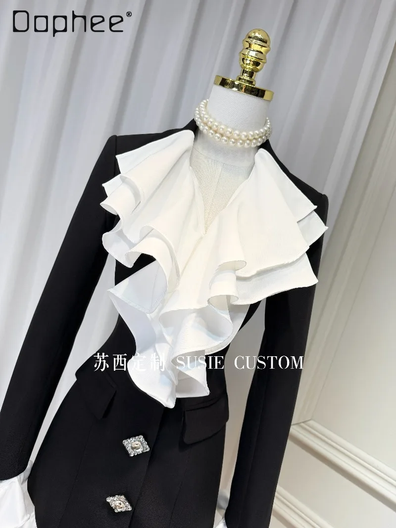 

French Hepburn Style Socialite Suit Dress Fashion Detachable Ruffled High End Rhinestone Buttons Slim Patchwork Long Coats