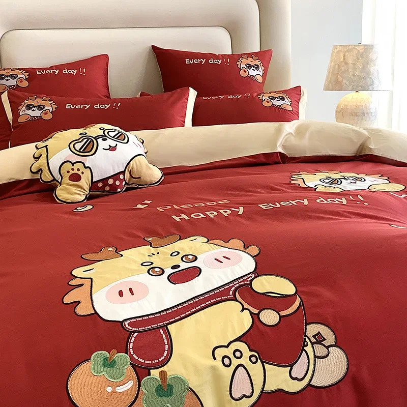 New 100S Cotton Satin Long-Staple Cotton Dragon Year Limited Affixed Cloth Embroidered Four-Piece Set