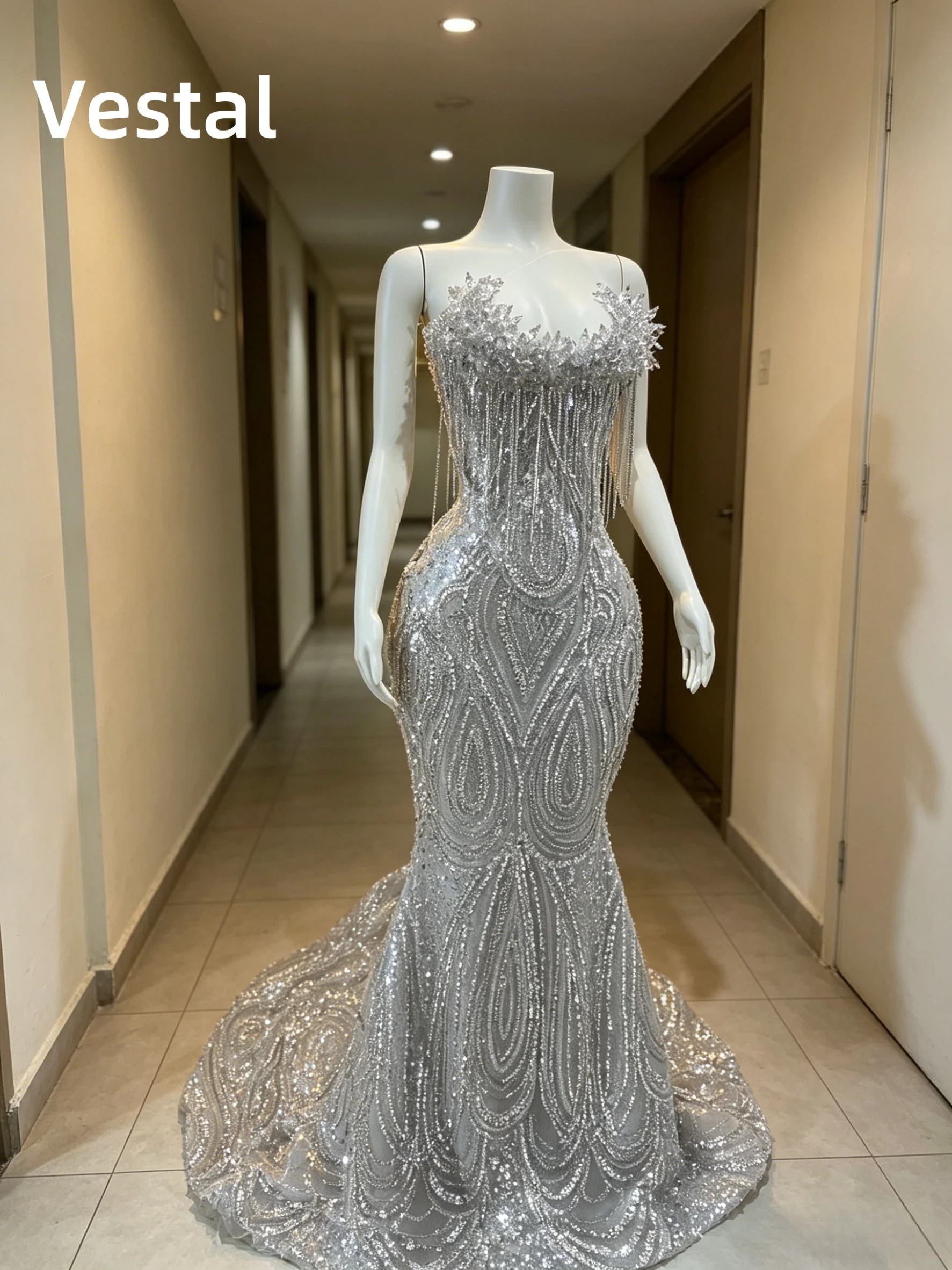 

Elegant Silver Sequin Mermaid Prom Gown Spaghetti Strap Tassel Beaded Cocktail Evening Party Dress Customized