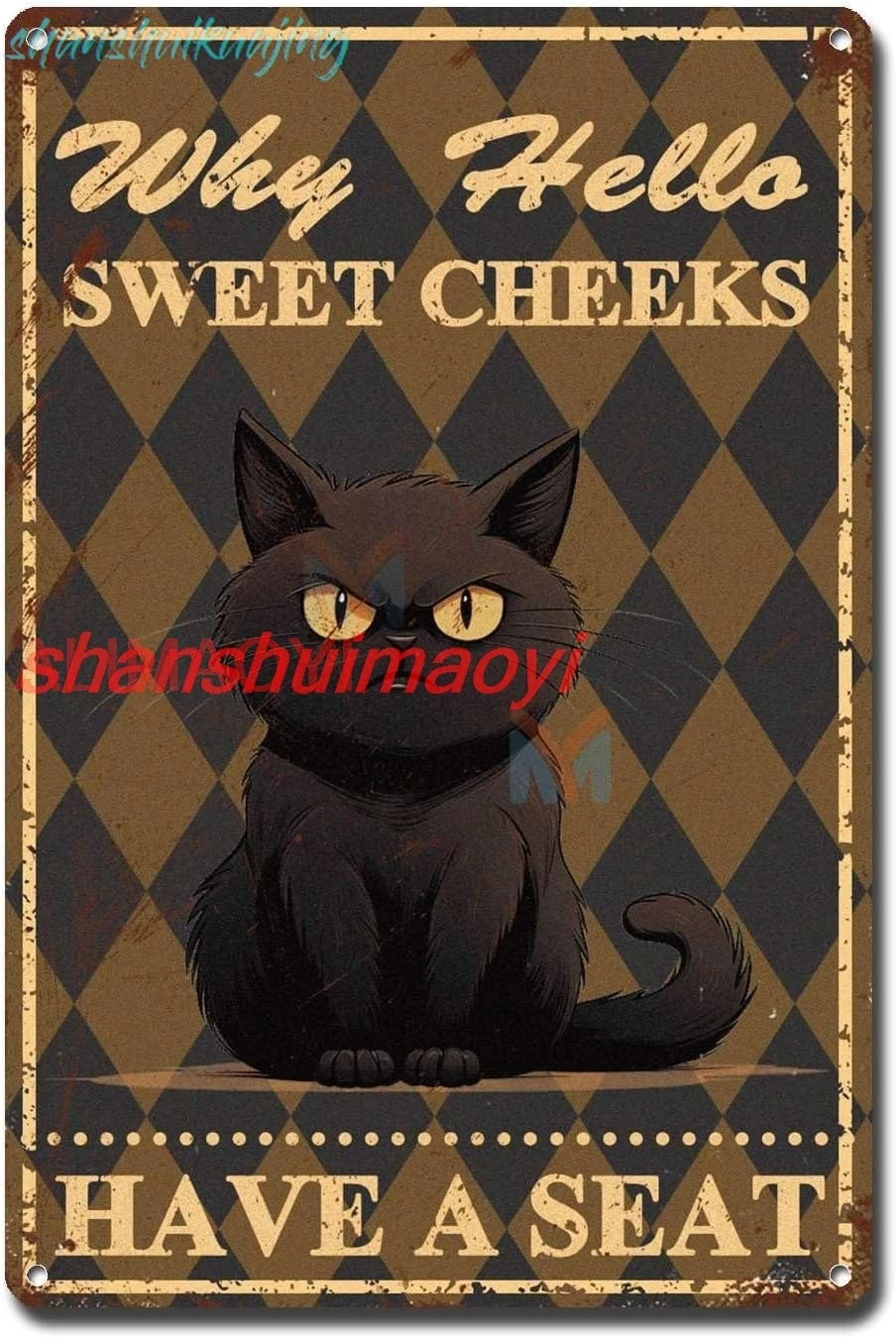 Metal Sign Tin Sign Vintage Wall Art Hello Sweet Cheeks Have A Seat Black Cat Sign Garden Outside for Gift 6×8 Inches nice  sign