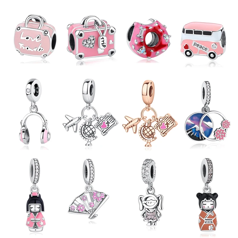 Original Silver Plated Charm Love Travel Plane Bus Pendant Pink Beads Fit Pandora Bracelets Necklaces Women DIY Jewelry Gift