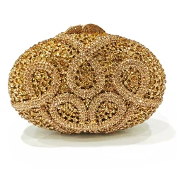 Gold Diamond Flower Evening Clutch Purse Oval Shape Rhinestone Crystal Wedding Bridal Clutches Luxury Phone Handbags