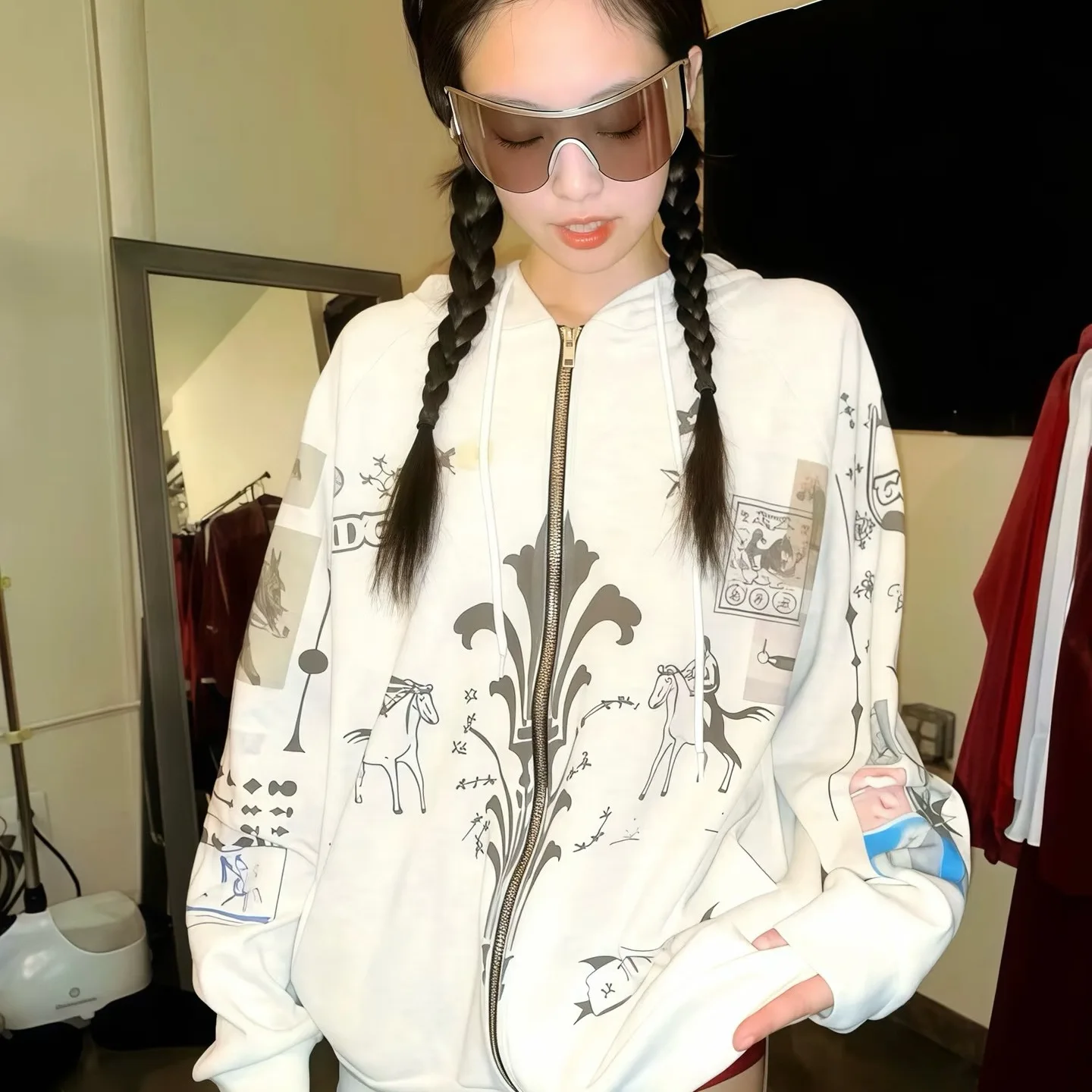 

Jennietoomuchtax fiti Print Hoodie Sweatirt Casual Loose Fit Women's Jeans Pants Autumn Thin Cotton Faion Student