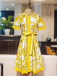 Vintage yellow flower porcelain print lapel single breasted lace-up shirt dress 2024 summer women's new fashion shift dress