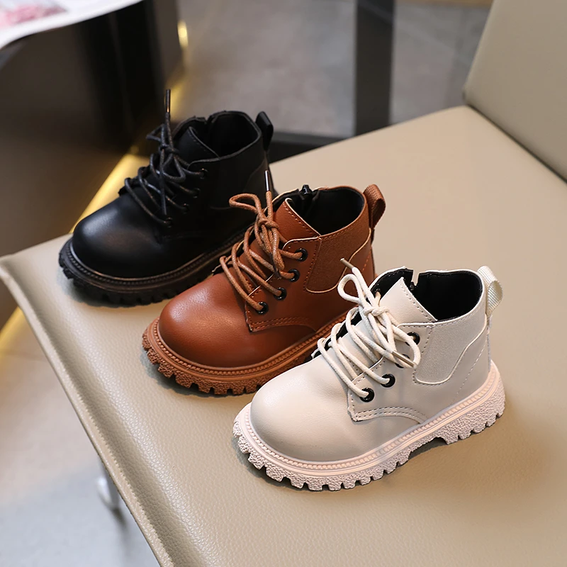 

Toddlers Kids Tide Boots Autumn Winter Thick Sole Anti Slip Boys Girls Snow Boots Little Children Leather Boots Fashion Lace Up