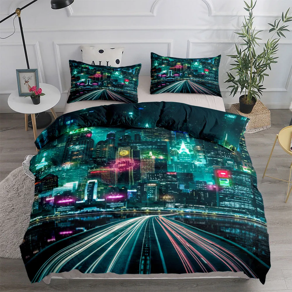 

Neon City Night Duvet Cover Set Single Twin Double Queen King Cal King Size Bed Linen Set
