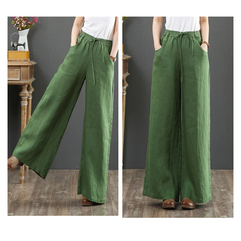 Women Summer Literary Casual Loose Wide Leg Pants High Waist Pants Cotton Linen Baggy Straight Pants Long Pantalon Trousers