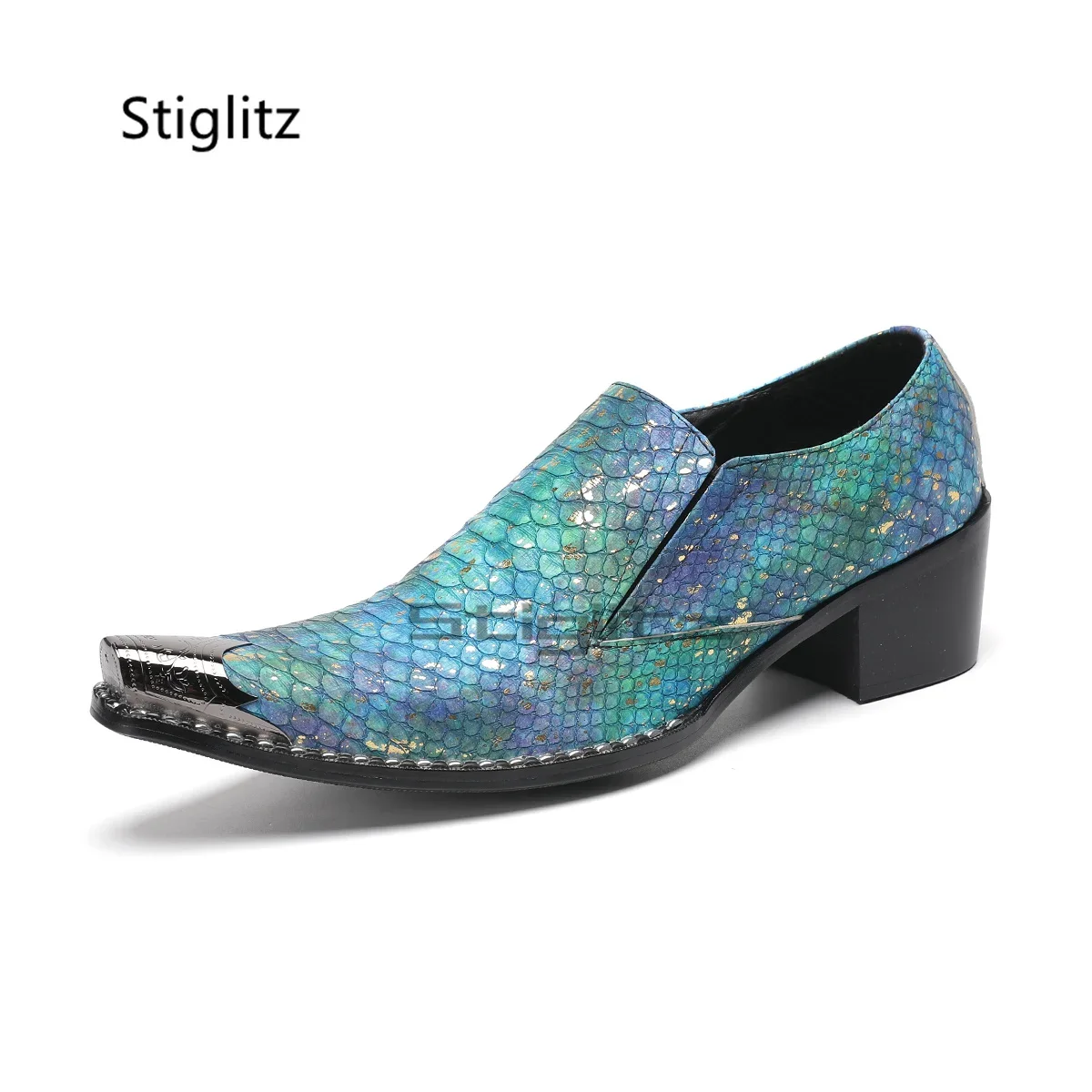 High Heels Snake Grain Men's Shoes Genuine Leather Pointed Metal Toe Slip-On Casual Business Shoes Dress Stage Party Shoes