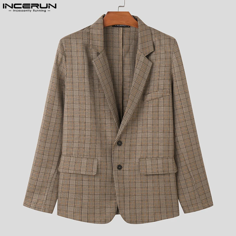 

INCERUN Men Blazer Plaid Lapel Long Sleeve Button Casual Suits Men Streetwear 2025 Autumn Fashion Leisure Male Coats S-5XL
