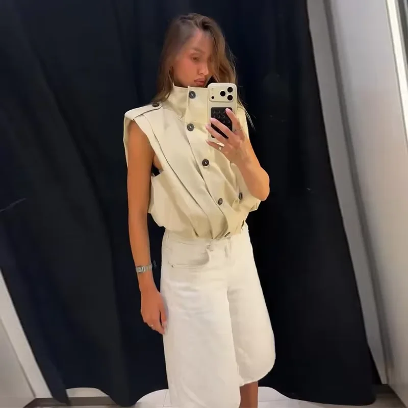 Casual Chic Women Tank Vest Top Stand Collar Double Breasted Sleeveless Top Fashion 2026 Summer Fall Office Blazer Vest