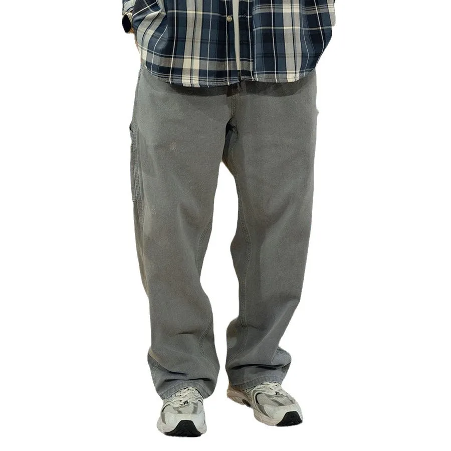 Męskie spodnie casualowe w stylu japońskim retro, sprane, postarzane, o prostych nogawkach, inspirowane odzieżą roboczą.