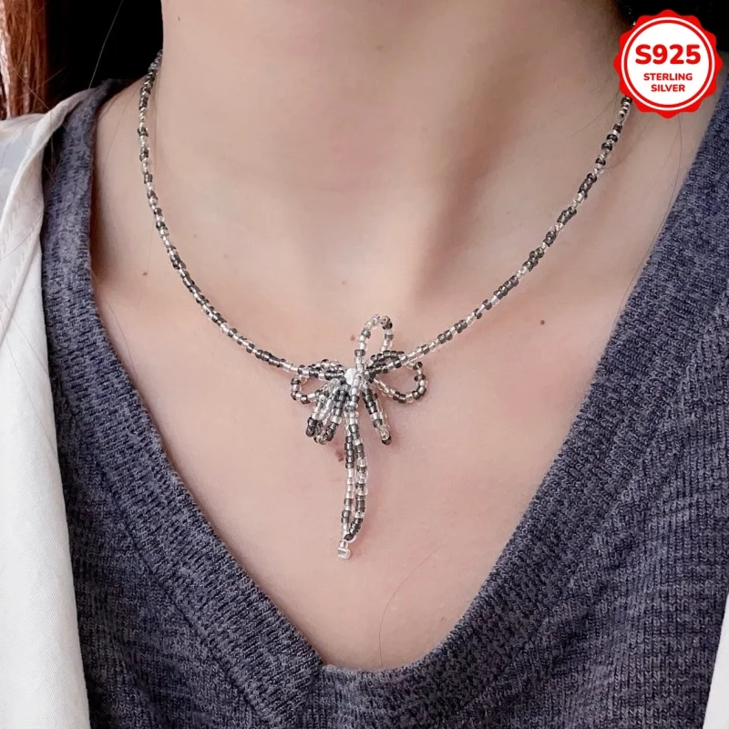 

S925 Silver Accented Grey White Acrylic Bead Butterfly Knot Necklace Ins Style Unique Design Korean Fashion Imves Fine Jewelry