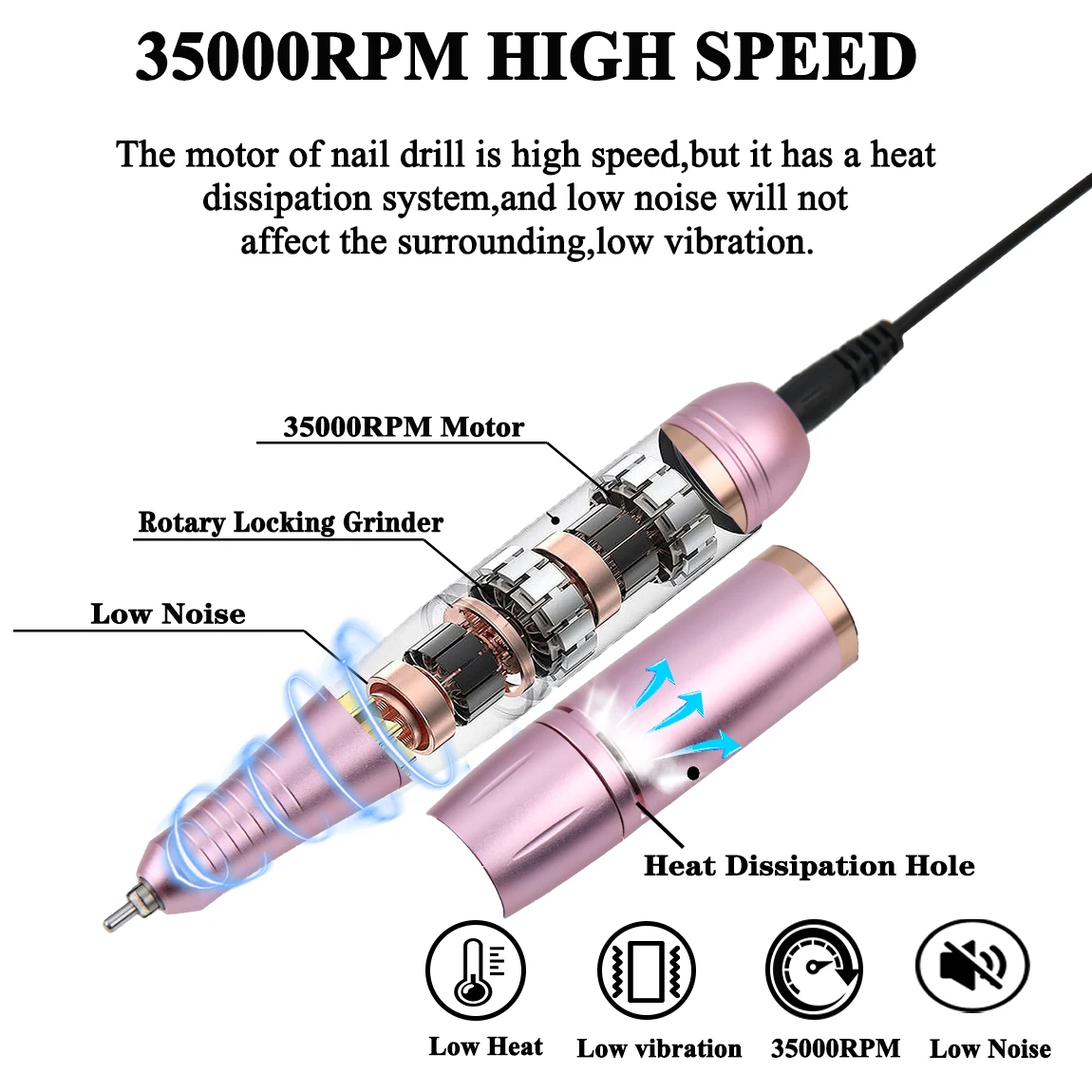 เครื่องเจียรเล็บแบบปากกา 35000 รอบต่อนาที พร้อมสาย USB ชาร์จไฟได้ ชุดเครื่องเจียรเล็บแบบพกพา อุปกรณ์ทำเล็บสำหรับร้านเสริมสวย