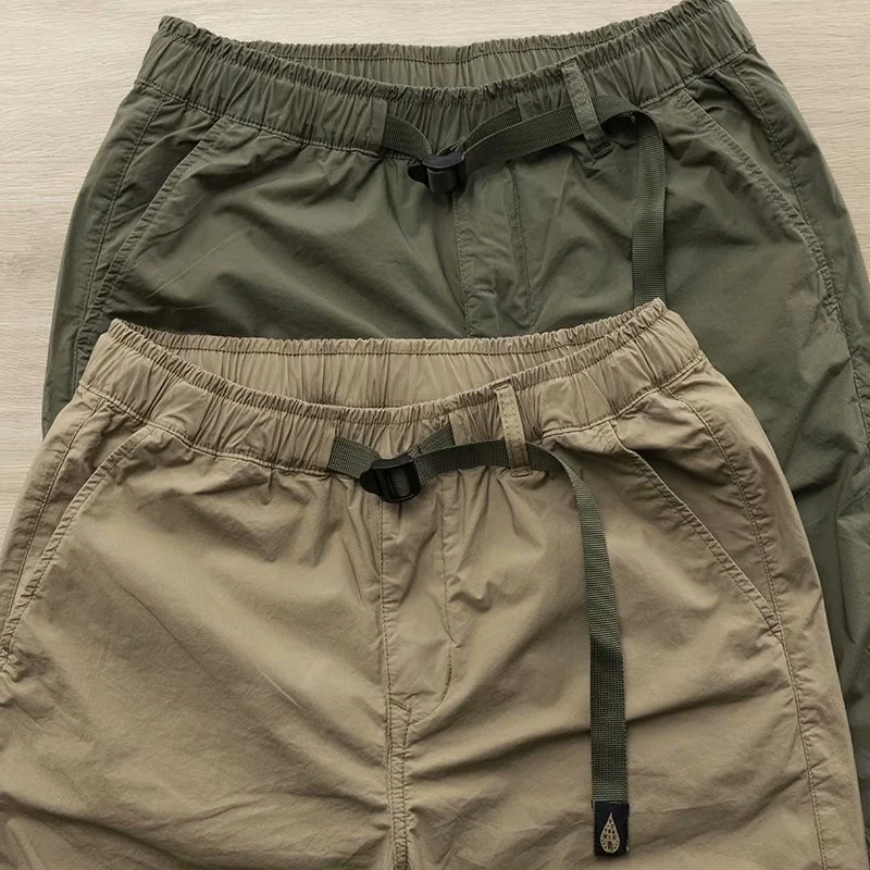 Men's Ice Silk Casual Pants Loose Fit Summer Thin Workwear Trousers Vintage Japanese Style Cuffed Nine Points Lightweight