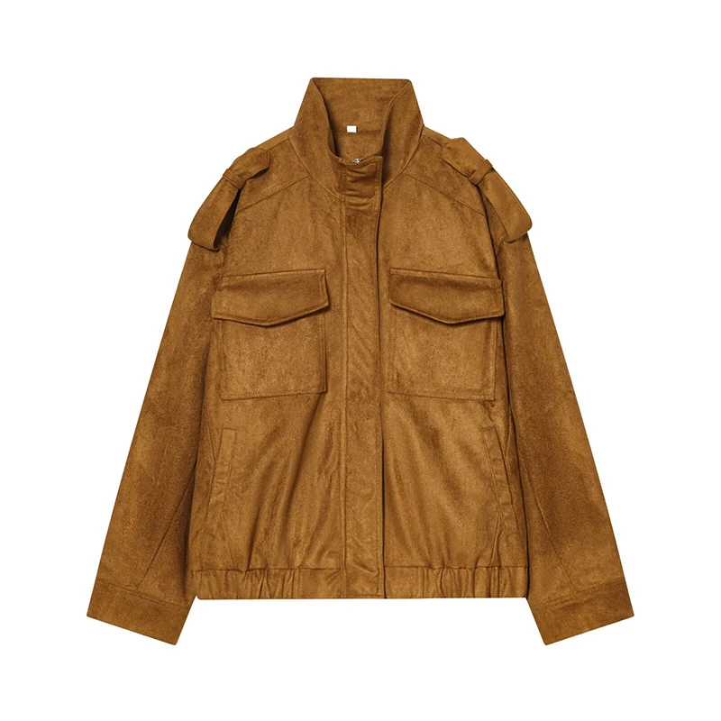 

YENKYE новая женская осенне-зимняя куртка из искусственной замши с длинным рукавом и высоким воротом с карманами, свободное пальто, женская уличная одежда