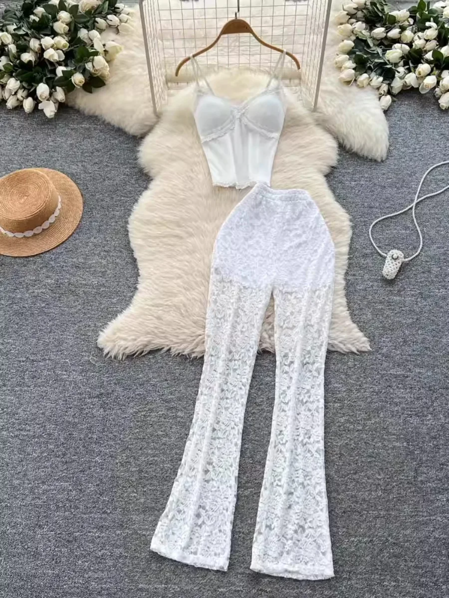 

Foamlina Summer Lace Flare Pants Set Women European Ins High Street Sexy Hot Girl Slim Halter Crop Top + Bodycon Trouser Outfit