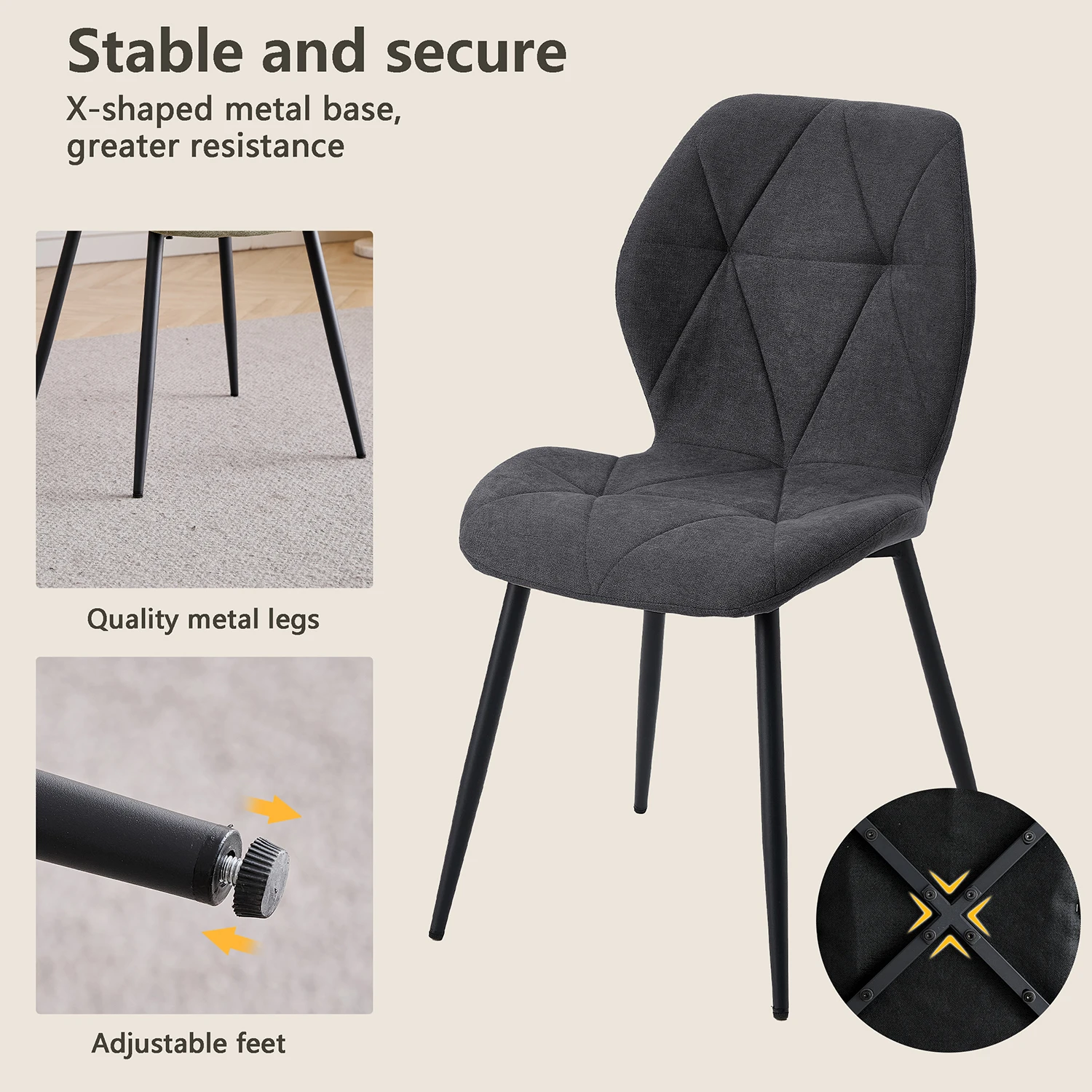 GrandCA HOME Set mit 2/4/6 modernen Esszimmerstühlen, gepolstert, mit Leinenstoff bezogen, minimalistische Bürostühle für Küche und Esszimmer – Detail 12