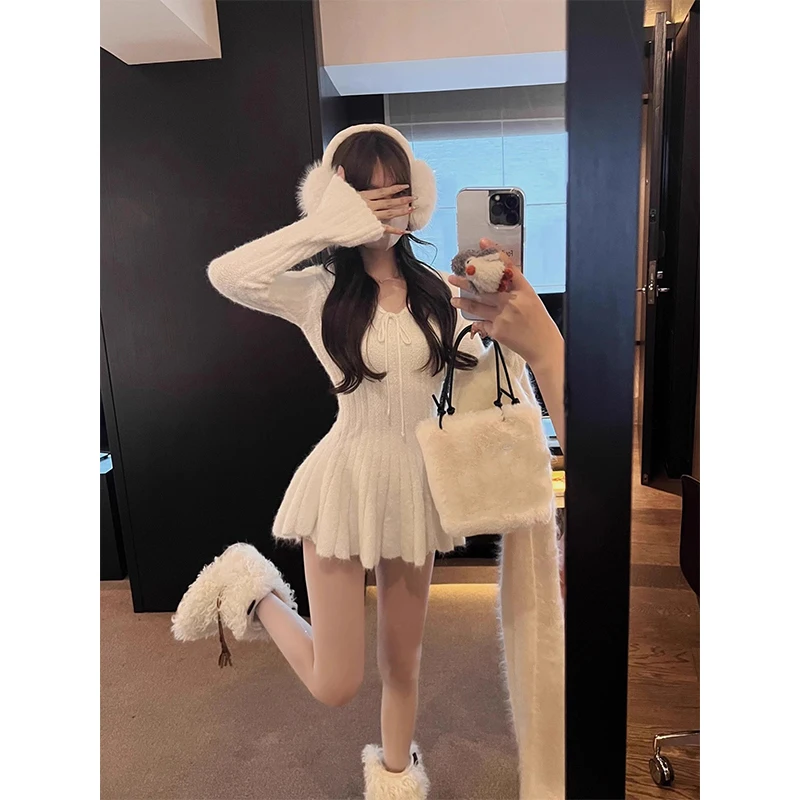 Kawaii White Mini Dress Women Fashion Y2K Sexy V Neck Black Ball Gown  Dresses Winter Gyaru Korean Long Sleeve Bodycon Vestidos - AliExpress  200000345