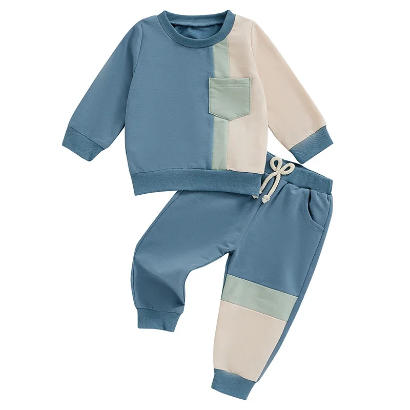 Conjunto de pantalones para niños Color de contraste Manga larga Cuello redondo Sudadera Bolsillo con cordón Pantalones largos Trajes