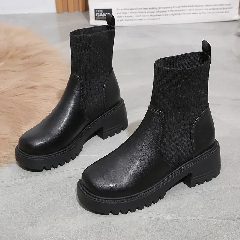 PU Leather Chelsea Boots para mulheres, saltos altos, sapatos de plataforma, malha, sexy, tornozelo, outono, inverno, feminino, senhoras, nova moda