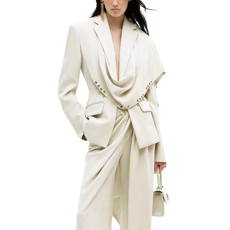 2026 Spring Fashion Cross Border European American Style Metal Ring Splicing Design Sense Long Sleeve Shawl Suit Coat for Women