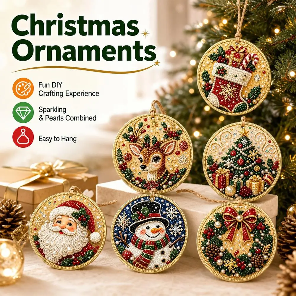 6Pcs Christmas Ornaments Diamond Painting Kit Pearl Rhinestone Pendant Round Hanging Xmas Tree DIY Craft Gift Home Decor