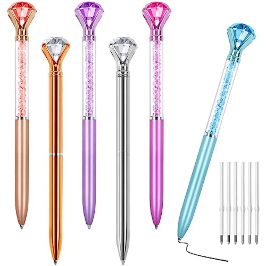 

6 Diamond Pens with Crystal Top, Bulk with Black Ink Refill, for Office, School, Home