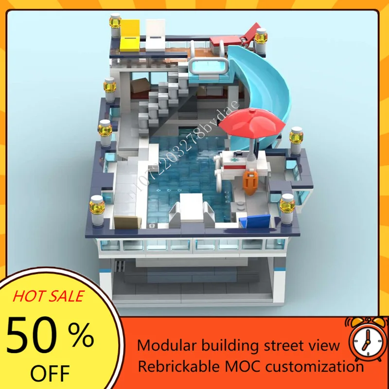 Décennie s de construction de modèle de pont de piscine de brique de port, MOC modulaire, vue sur la rue créative, architecture de bricolage, modèle éducatif, cadeaux de jouets, 915 pièces