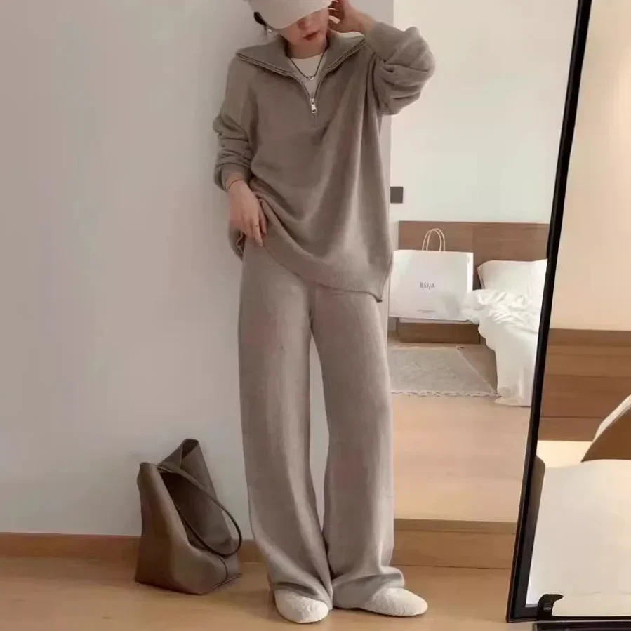 

2024 New Autumn/Winter Two-piece Knitted Sweater Set with Loose Lapel Half-Zipper Casual and Comfortable Lazy Style Set