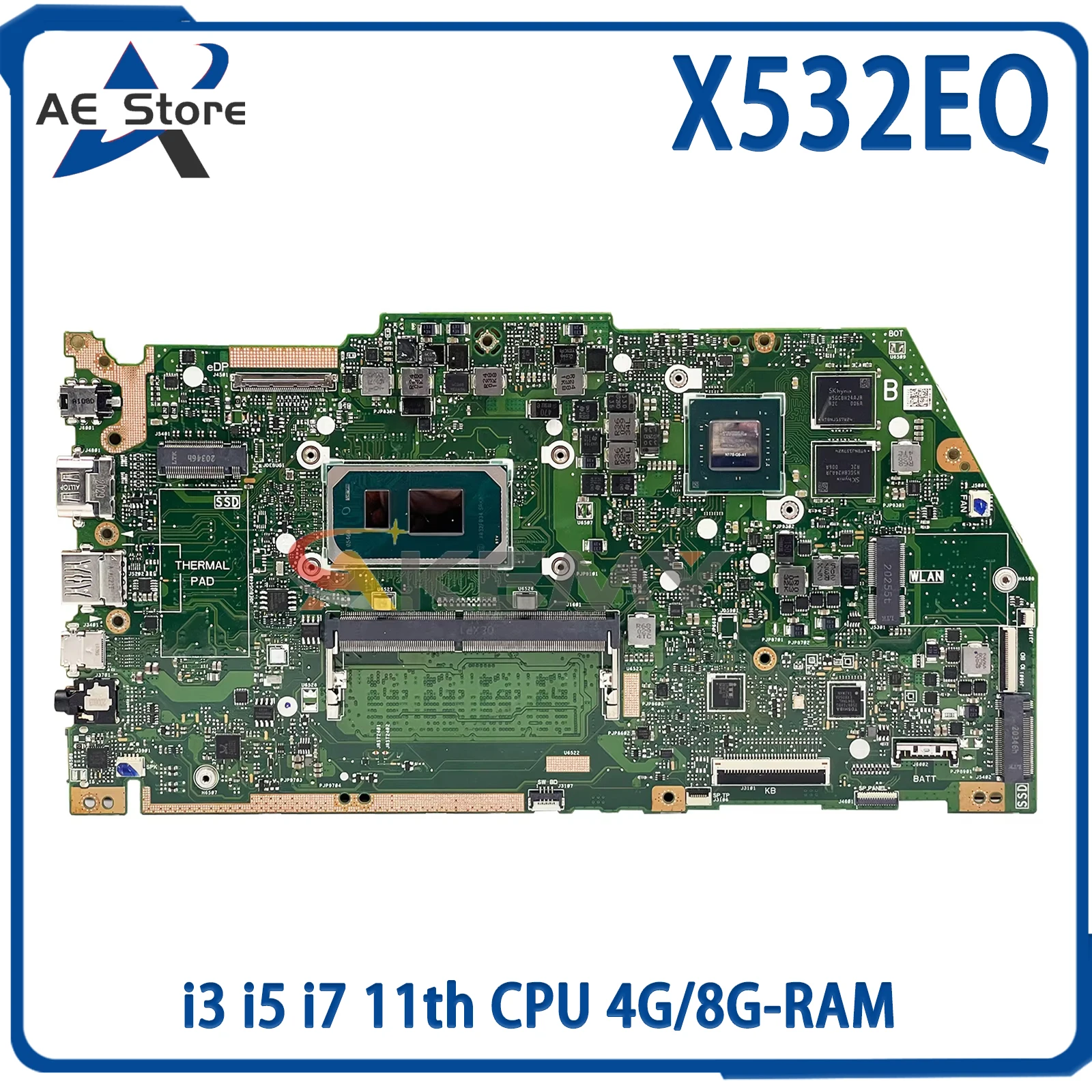 AE เมนบอร์ด X532EQ สำหรับ ASUS VivoBook X532EQ S15 X532E X532FA มาเธอร์บอร์ด X532F แล็ปท็อปที่มี I3 I5 I7 11TH ซีพียู4G/8G-RAM