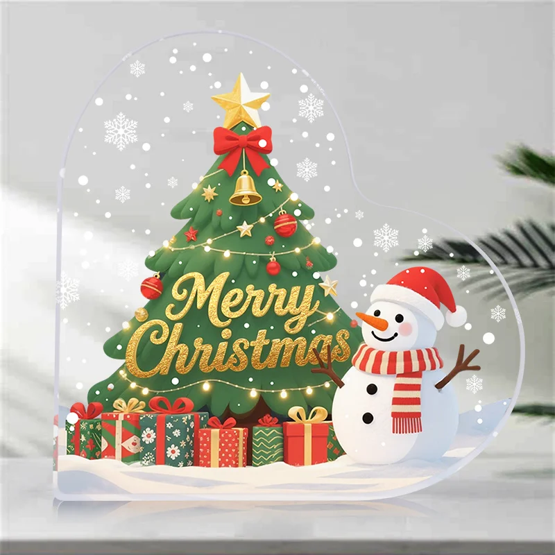 Merry Christmas Heart‑Shaped Acrylic Plaque, Christmas Tree Snowman Winter Holiday Table Decor