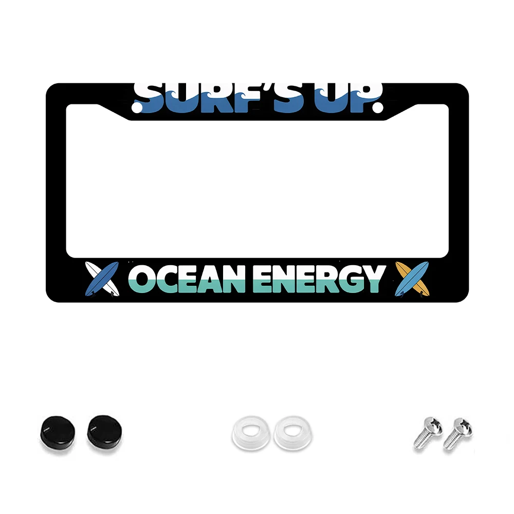 

1pc Black 2-Hole License Plate Frame with Surf's Up and Ocean Energy Pattern, Aluminum Material, 6x12 Inches, Includes Screw Ki
