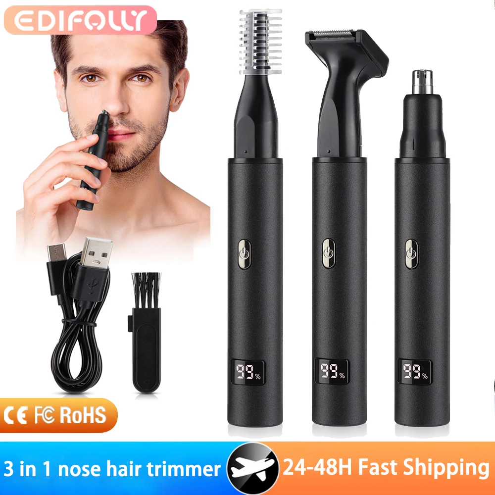 

3 in 1 Electric Nose Ear Hair Trimmer for Men LED Display Painless Sideburns Eyebrow Beard Hair Clipper Shaver Nasal Hair Trimme