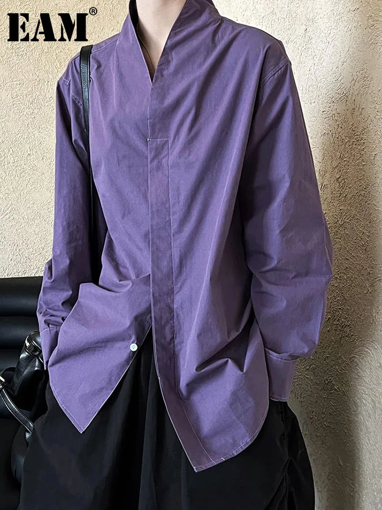 [EAM] Women Purple Blue Big Size Elegant Blouse New Stand Collar Long Sleeve Shirt Fashion Tide Spring Autumn 2024 1DH6831