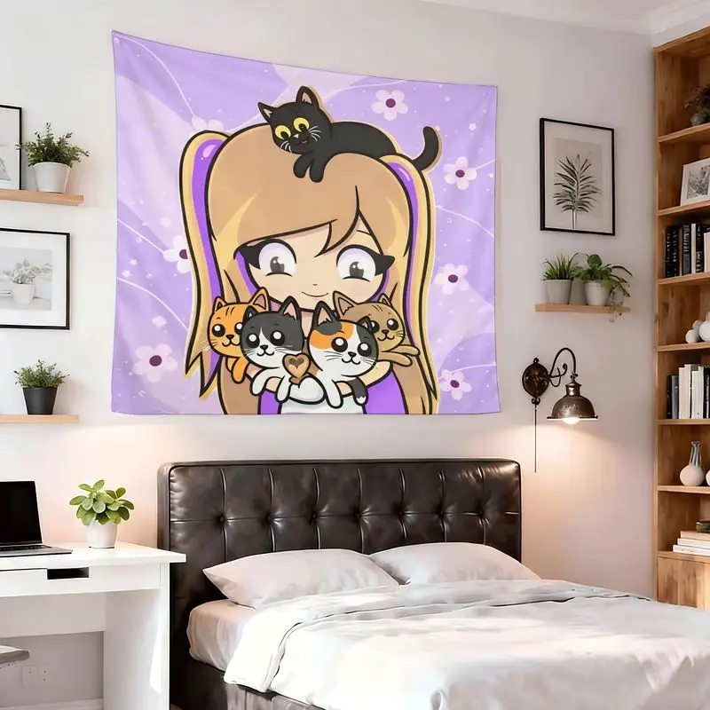 VIKAMA Funny Light Purple Double Horsetail Girl Cat Cartoon anime Tapestry Wall Hanging Home Decor for Bedroom Living Room