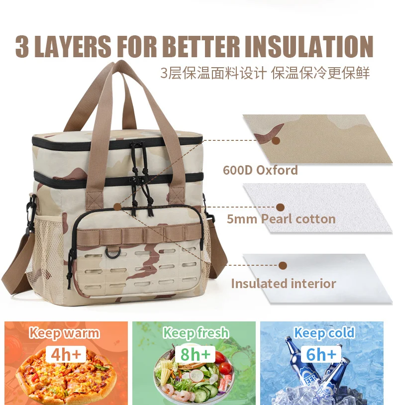 Tarnfarbene Outdoor-Picknicktasche mit doppelter Schicht, tragbare Isoliertasche, Camping-Lunchbag mit großem Fassungsvermögen, Outdoor-Kühltasche, Lunchbox – Detail 5