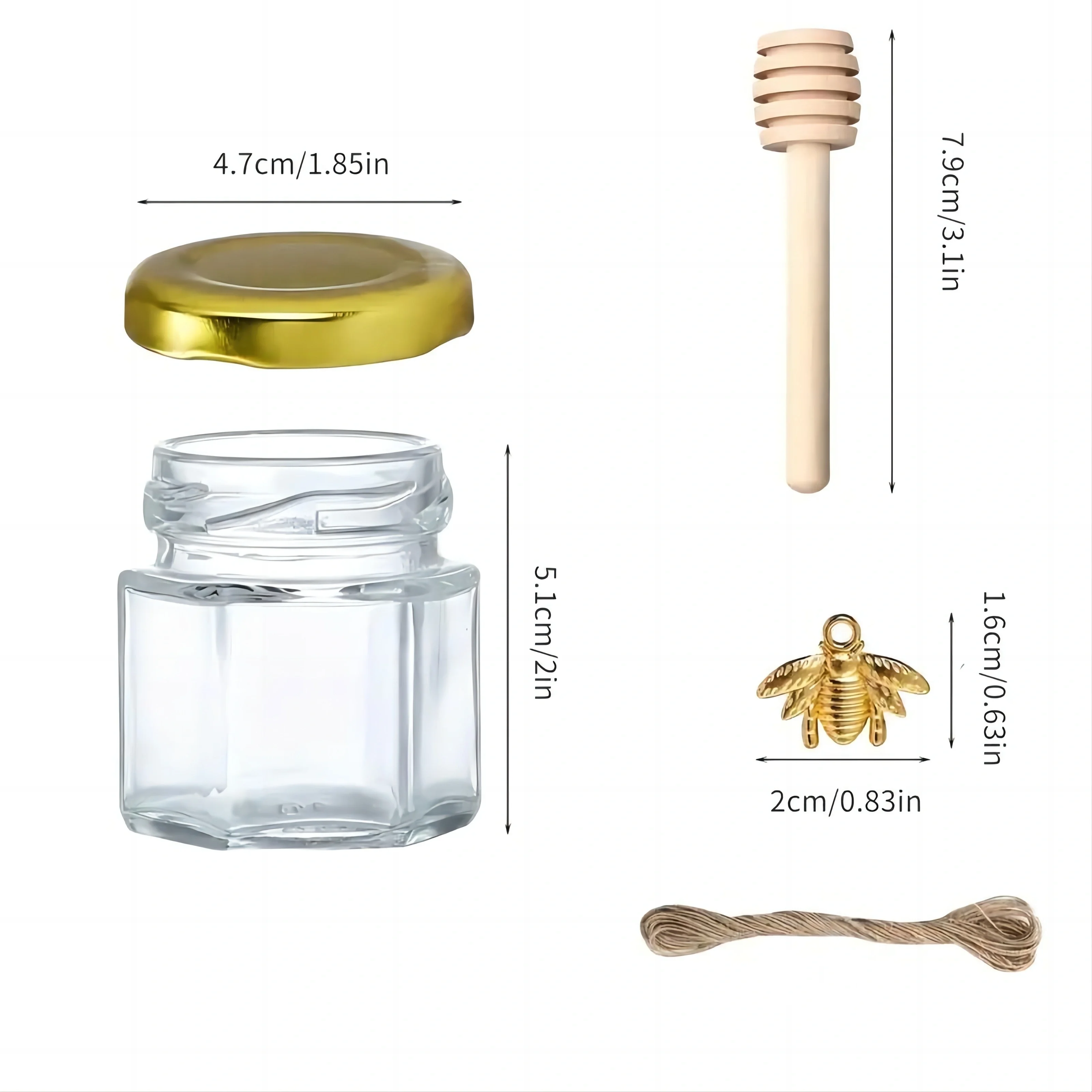 12/24/36/48Pcs-Mini Glass Honey Jar Set, Glass Sealed Jar, 1.5 oz Hexagonal Jar with Wooden Spoon, Lid, Bee Pendant, Perfect for Wedding and Party Gifts