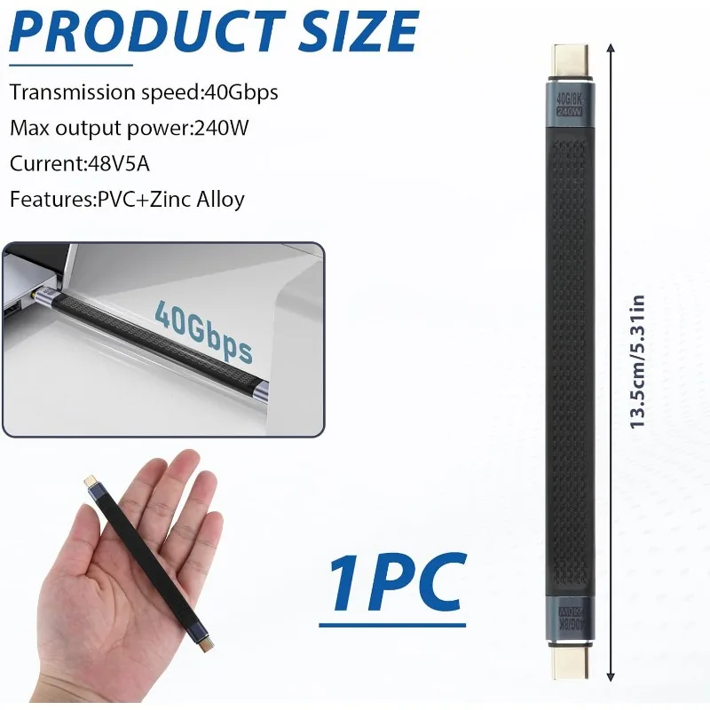 For Laptop Phone Tablet USB4 Short Cable 40Gbps Data Transfer 240W PD Fast Charging Thunderbolt 4/3 Interface Flat USB-C Cord