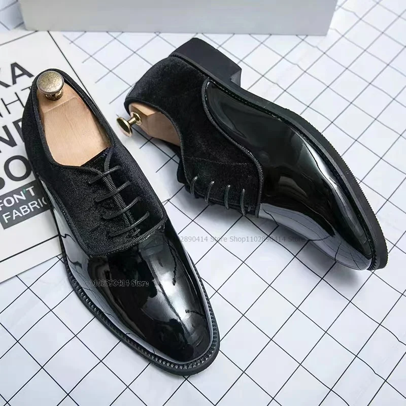 

Black Patent Leather Flock Cross Tied Men Loafers Formal High Quality Pointed Toe Male's Dress Shoes Wedding Party Low Top Shoes