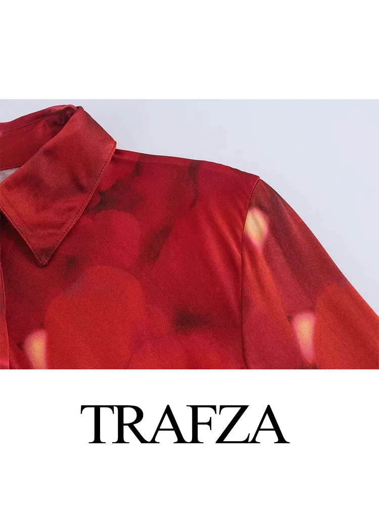 TRAFZA-Vestido de manga larga con cuello vuelto para Mujer, camisa de diseño plisado de un solo pecho, estampado informal, Verano