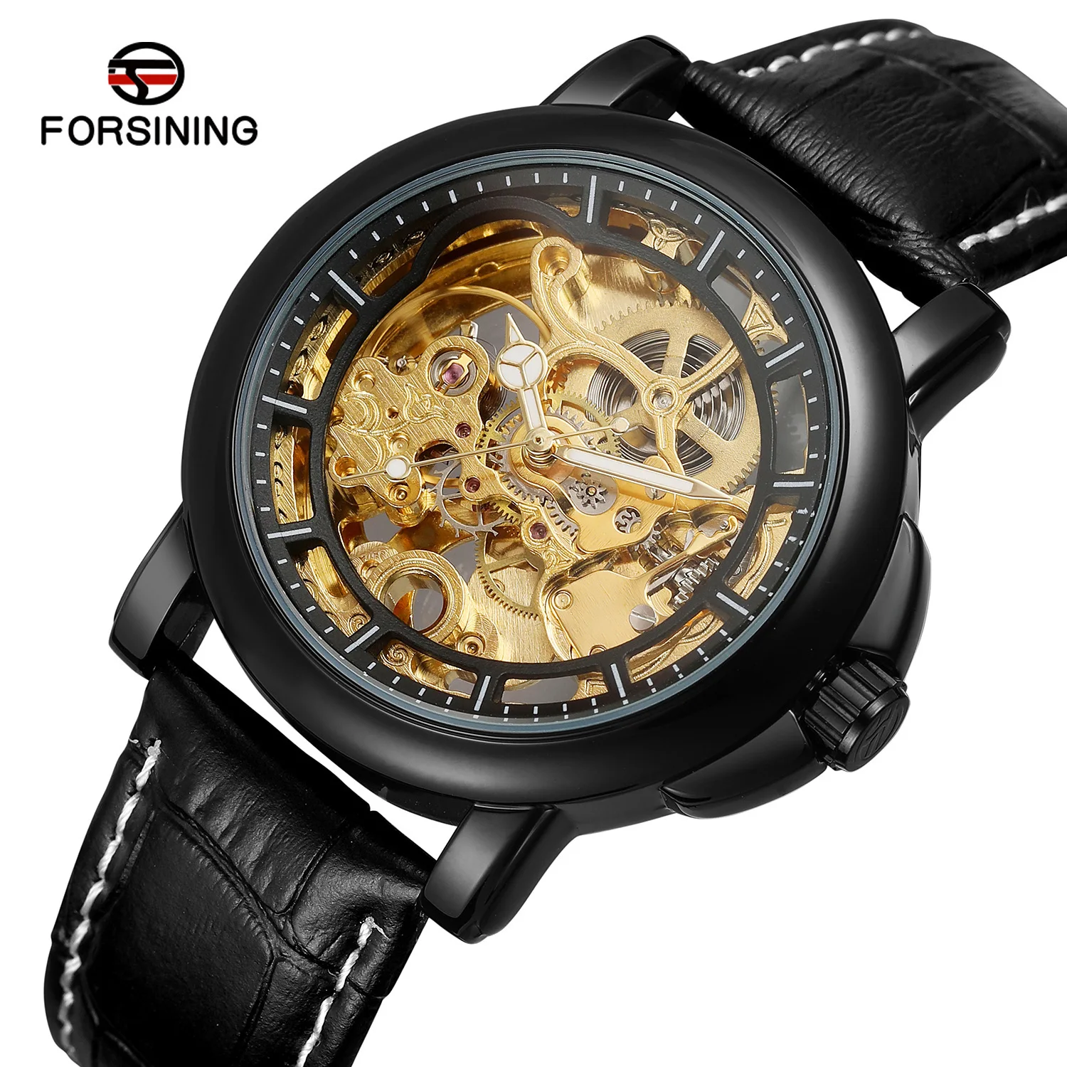 Fashion Forsining Top Brand Men\'s Skeleton Luminous Automatic Movement Business Genuine Leather Belt Waterproof Wrist Watches