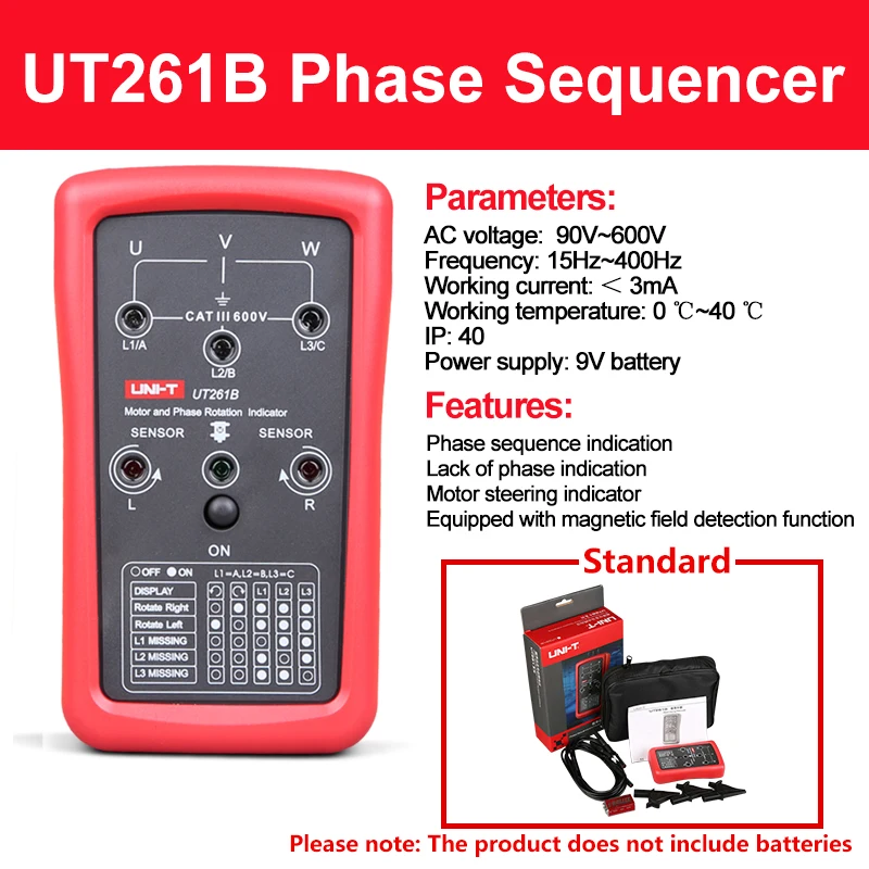 UNI-T Fasevolgorde Meter UT261A UT261B Fase Ontbrekende Motor Rotatie Indicator Fasevolgorde Detector