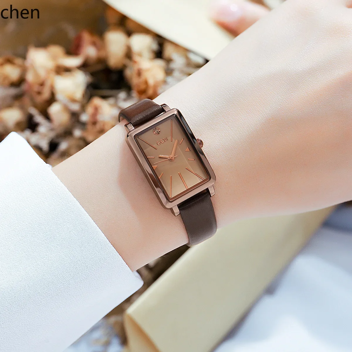 

ZZB small square dial women's watch - compact, high-end leather strap quartz wristwatch