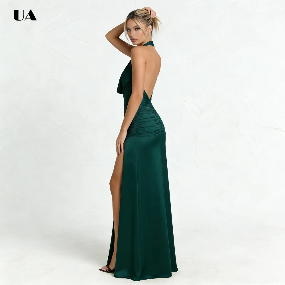 Sukienka balowa ULBYANRY z satyny, prosta, z dekoltem typu halter, z rozcięciem, seksowna, plisowana, szyta na miarę suknia wieczorowa dla kobiet.