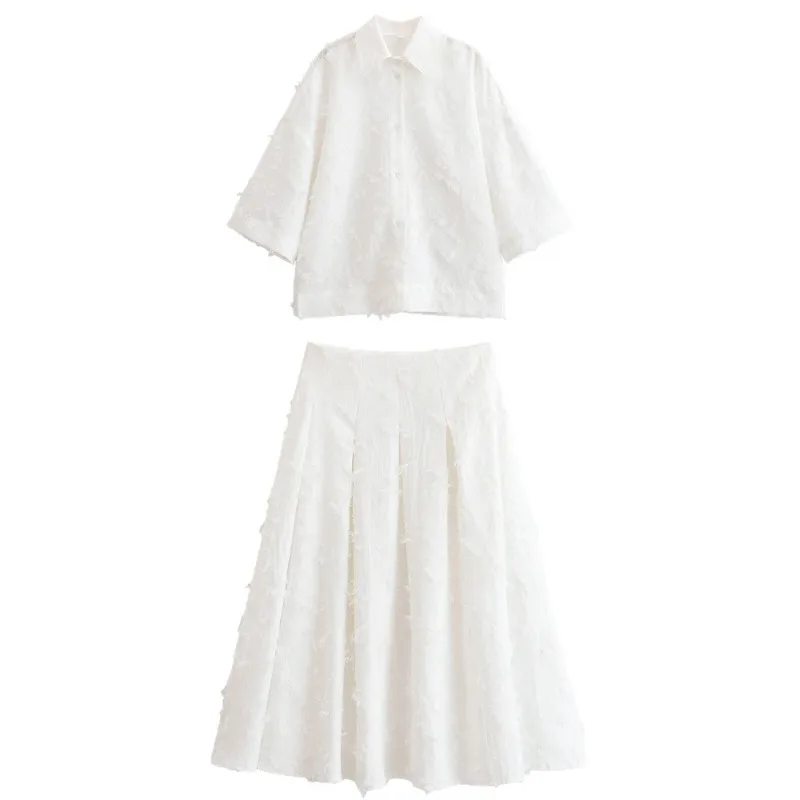2025 Women's Temperament Large Silhouette Fringed Shirt + Fringed A-shaped Skirt