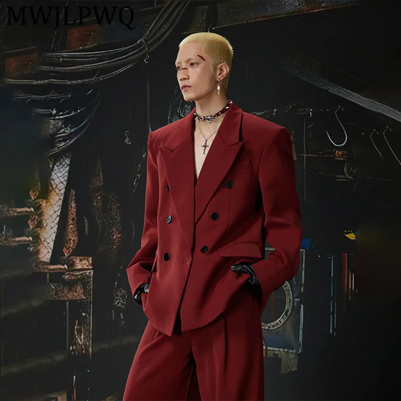 

MWJLPWQ Men's High-End Texture Double-Breasted Design Suit Jacket New Spring High Street Solid Color Casual Trousers Set 13977